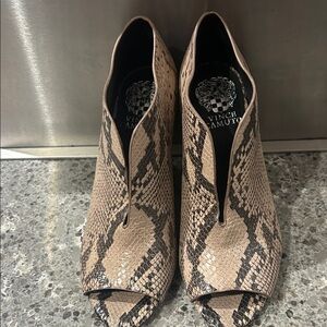Vince Camuto Taupe and Black Snake-Embossed Peep-Toe Mules